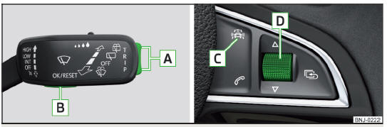 Fig. 239 Tasti/manopola di regolazione: sulla leva di comando / sul volante multifunzione