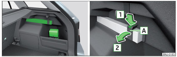 Fig. 267 Posizionamento della cassetta di pronto soccorso e del triangolo d'emergenza - variante 2 / allentamento del triangolo d'emergenza