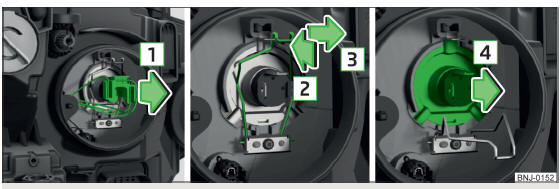 Fig. 299 Sostituzione della lampadina per anabbaglianti e abbaglianti