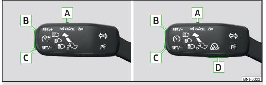 Fig. 231 Elementi di comando del limitatore di velocità: veicolo con limitatore di velocità / veicolo con GRA e limitatore di velocità