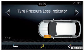 Fig. 240 Tasto per la memorizzazione / esempio di visualizzazione sullo schermo: viene segnalata una variazione di pressione sui pneumatici anteriori a sinistra