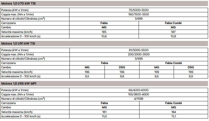 Dati specifici sul veicolo in funzione della motorizzazione 