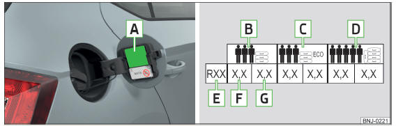 Fig. 264 Etichetta con una tabella dei valori di gonfiaggio dei pneumatici / gonfiaggio dei pneumatici