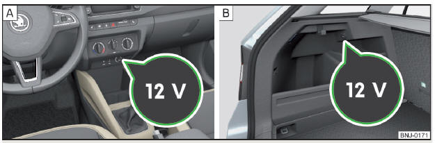 Fig. 95 Coperchio della presa da 12 Volt: nella parte centrale della plancia / nel bagagliaio