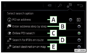 Fig. 183 Selezione del tipo di ricerca destinazione/ inserimento destinazione