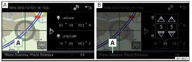 Fig. 187 Inserimento della destinazione: tramite il punto sulla cartina / con l'ausilio delle coordinate GPS