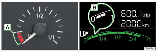Fig. 32 Indicatore riserva carburante: nella strumentazione combinata / sul display della strumentazione combinata