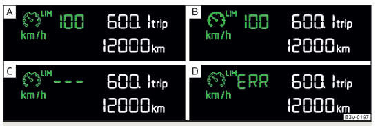 Fig. 230 Display a segmenti: esempi di visualizzazioni di stato del limitatore di velocità